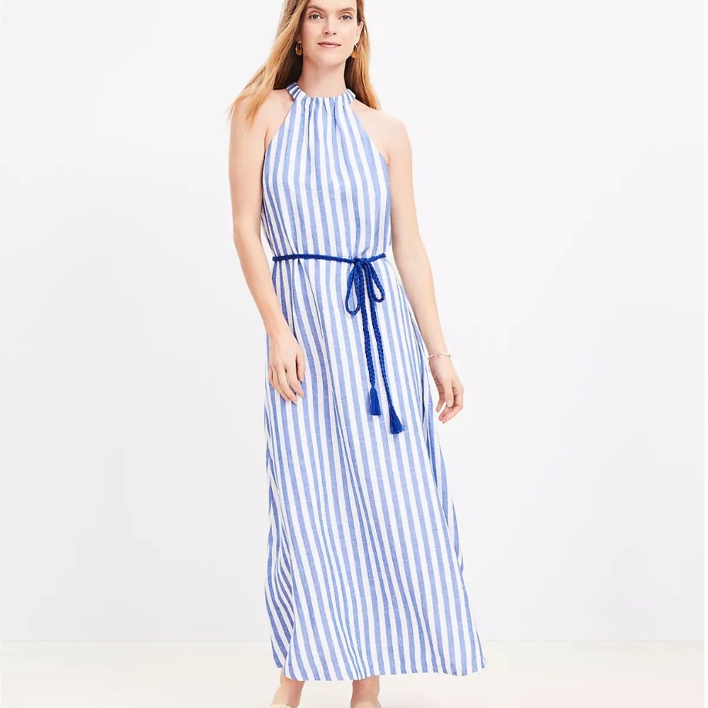LOFT Linen Blend Belted Halter Maxi Dress